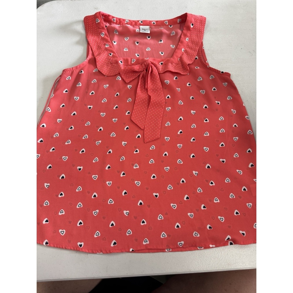 DISNEY top shirt blouse S 6 Bust 36 Length 25 Coral White Black Hearts Tie CT2